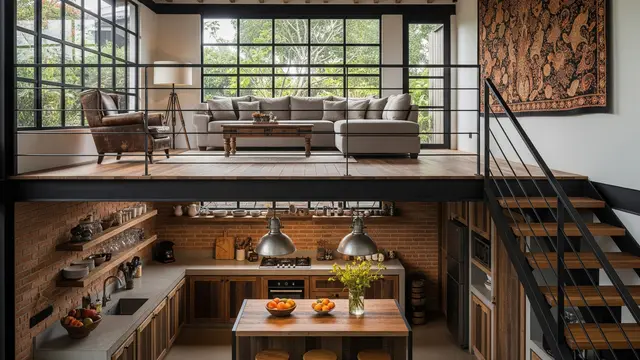 Dapur Mezzanine Industrial dengan Ruang Keluarga