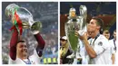 Cristiano Ronaldo. Gelar Liga Champions diraihnya bersama Real Madrid usai mengalahkan Atletico Madrid pada musim 2015/2016. Sementara gelar Piala Eropa diraihnya bersama Timnas Portugal usai mengalahkan Prancis 1-0 di final Euro 2016. (Foto: AFP/Valery Hache/Gerard Julien)