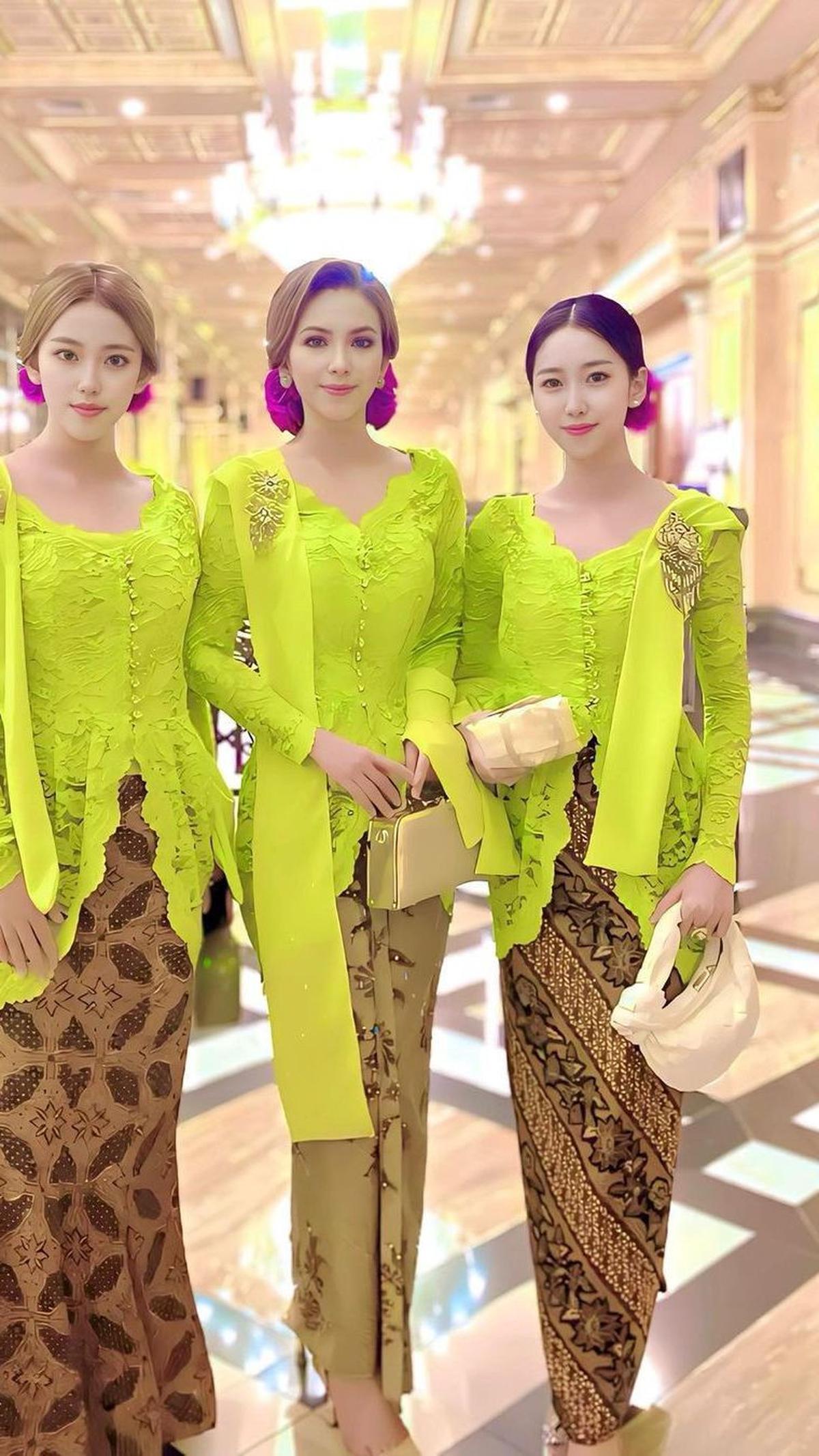 Potret cantik istri dan dua anak Kombes Slamet Riyadi kompak pakai kebaya.<br>