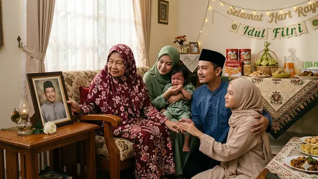 Ilustrasi lebaran tanpa ayah (Foto: Gemini AI)