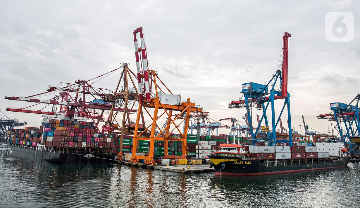 Suasana aktivitas bongkar muat peti kemas di Pelabuhan Tanjung Priok, Jakarta Utara, Kamis (21/1/2021). BI 7-day Reverse Repo Rate konsisten dengan perkiraan inflasi tetap rendah dan stabilitas eksternal terjaga sebagai upaya bersama mendukung pemulihan ekonomi nasional. (Liputan6.com/Faizal Fanani)