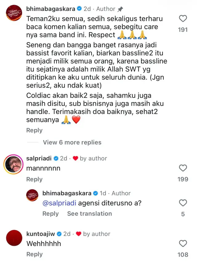 Respon beberapa musisi tanah air di postingan Bhima Bagaskara, Sabtu (4/7/2026).(Instagram/@bhimabagaskara)