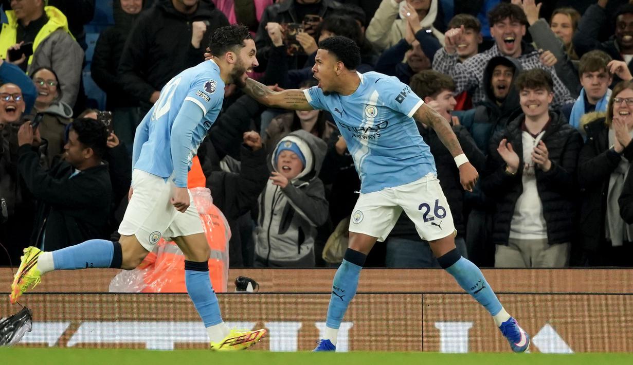 Gol penutup kemenangan Manchester City tercipta pada menit ke-84 lewat Savinho. Skor 3-0 bertahan hingga berakhirnya pertandingan. (AP Photo/Ian Hodgson)