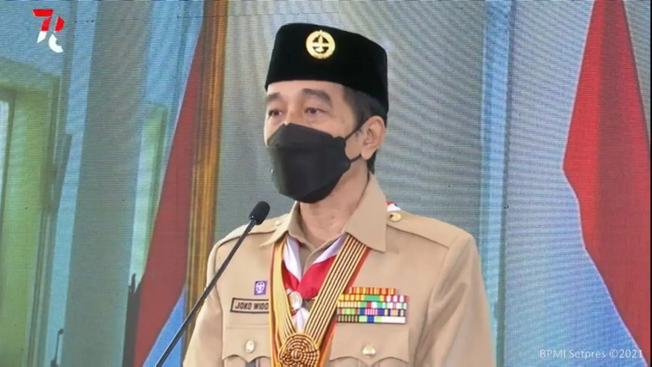 Presiden Jokowi dalam Peringatan Hari Pramuka Ke-60 Tahun 2021.