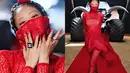 Penampilan Jennie lainnya yang tak luput dari sorotan adalah saat di opening musik Pink Venom. Dia tampil begitu mencolok mengenakan dress renda merah lengkap dengan tudung dari Alaia. (YouTube/blackpink).