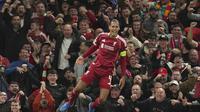 Selebrasi&nbsp;Virgil van Dijk dalam laga Liverpool vs Atletico Madrid di Liga Champions 2025/2026, Kamis (18/9/2025). (AP Photo/Jon Super)