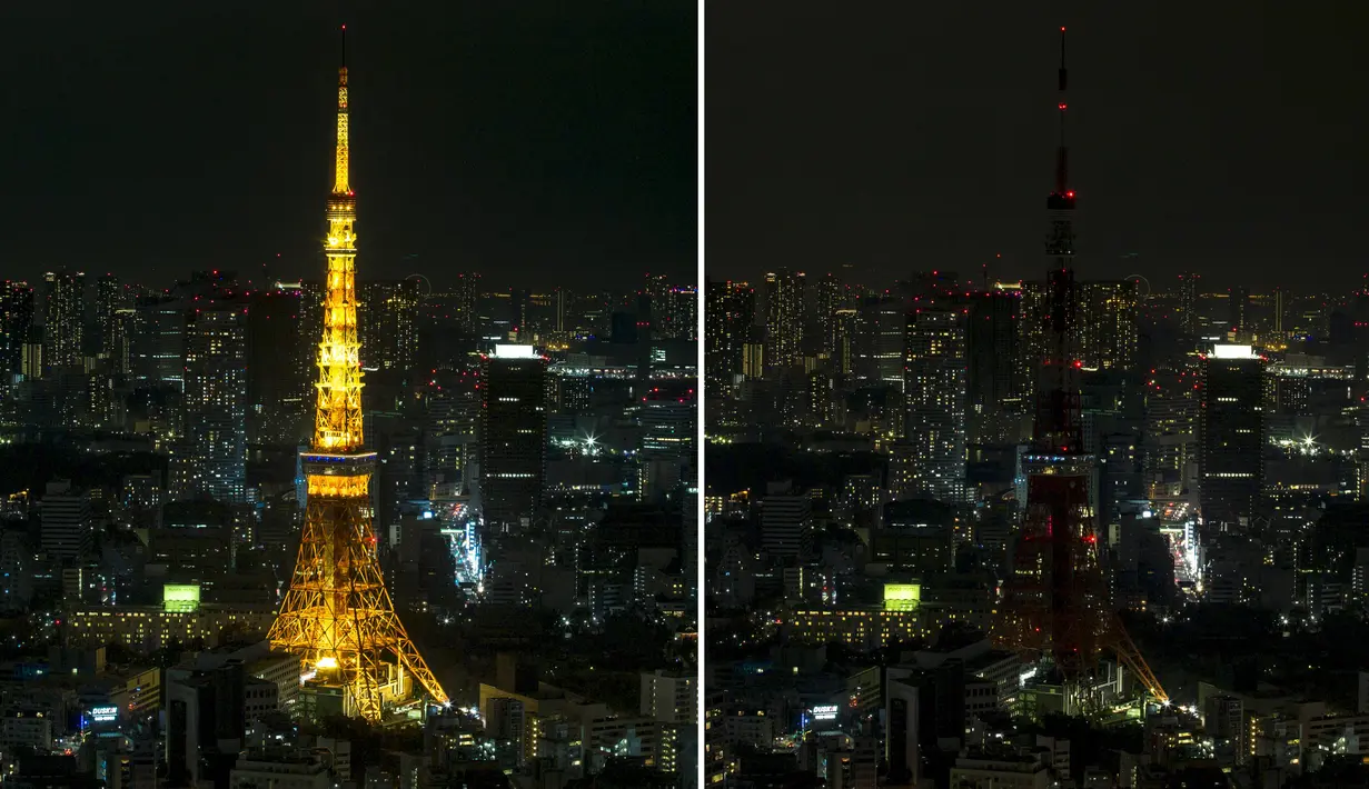 Kombinasi foto yang menunjukkan Menara Tokyo sebelum dan setelah lampu dimatikan untuk memperingati Earth Hour di Tokyo, Jepang (19/3/2016). (Reuters/Thomas Peter)
