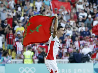 Maroko berhasil merebut perunggu sepak bola Olimpiade 2024 usai mengalahkan Mesir 6-0 pada laga yang berlangsung di stadion Louis Fonteneau, Kamis (8/8/2024). (AP Photo/Jeremias Gonzalez)
