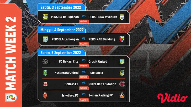 Jadwal Lengkap Liga 2 2022 Pekan Kedua Live Vidio 3-5 September 2022 : Ada 6 Laga