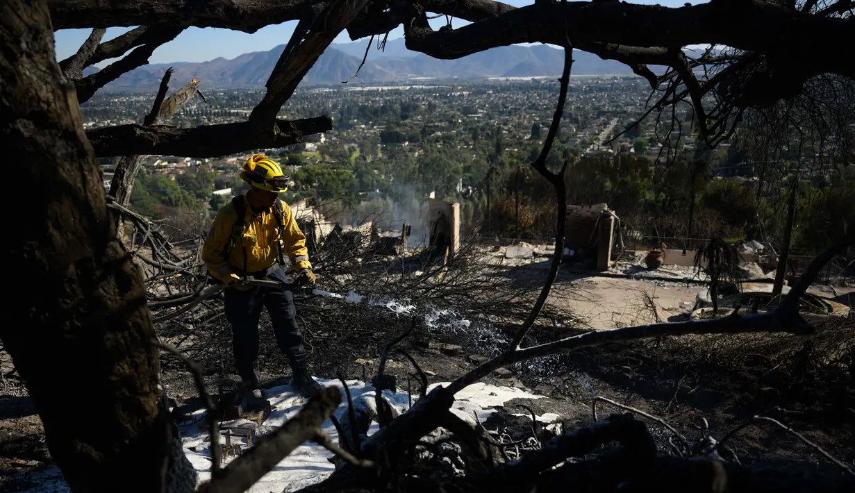 Lebih dari 130 rumah diketahui telah hancur akibat kobaran api yang disebabkan kencangnya hembusan angin di Camarillo, California. (Patrick T. Fallon/AFP)