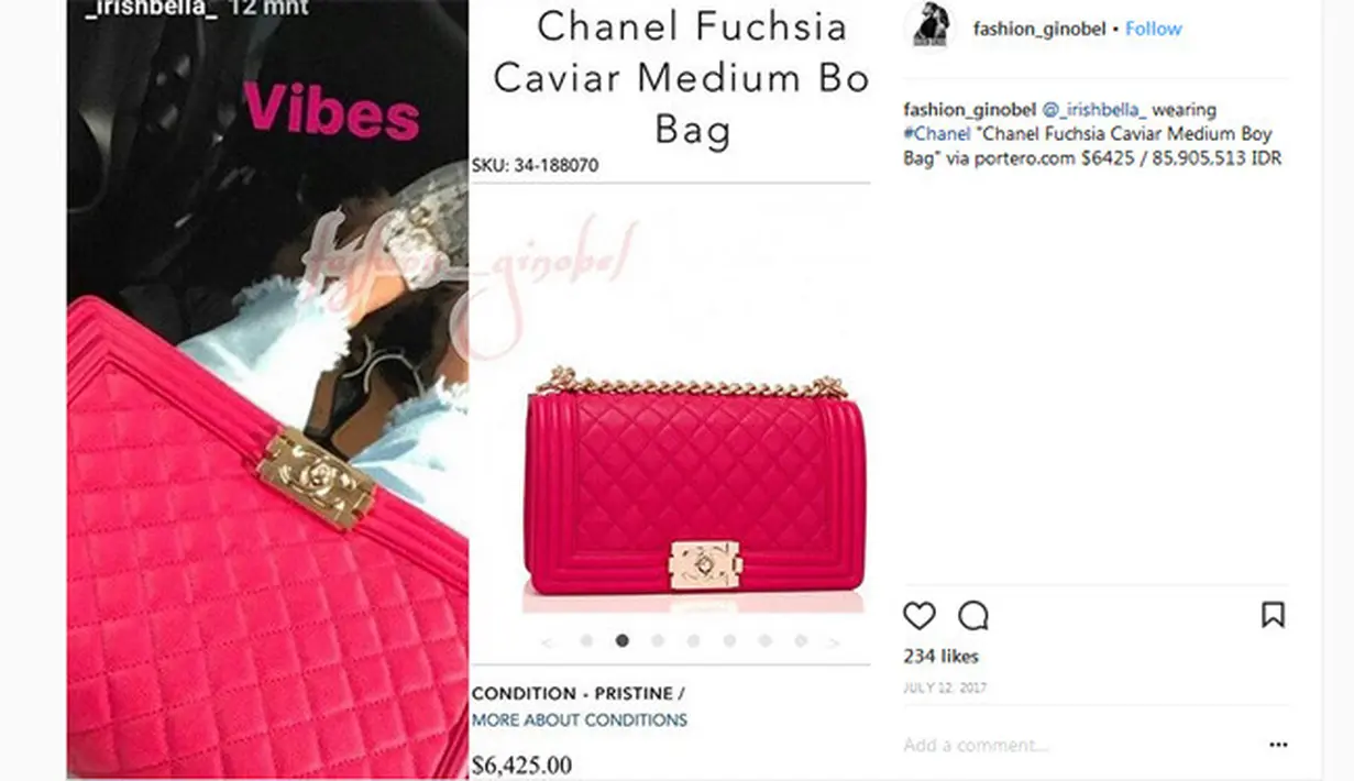 Seperti tas kecil berwarna pink yang bermerk Chanel Fuchsia Caviar Medium Bo Bag ini harganya $6425 atau setara dengan 85,905,513 IDR. Lucu banget ya warna pinknya, cocok dengan karakter girly Bella. (Instagram/_irishbella_)
