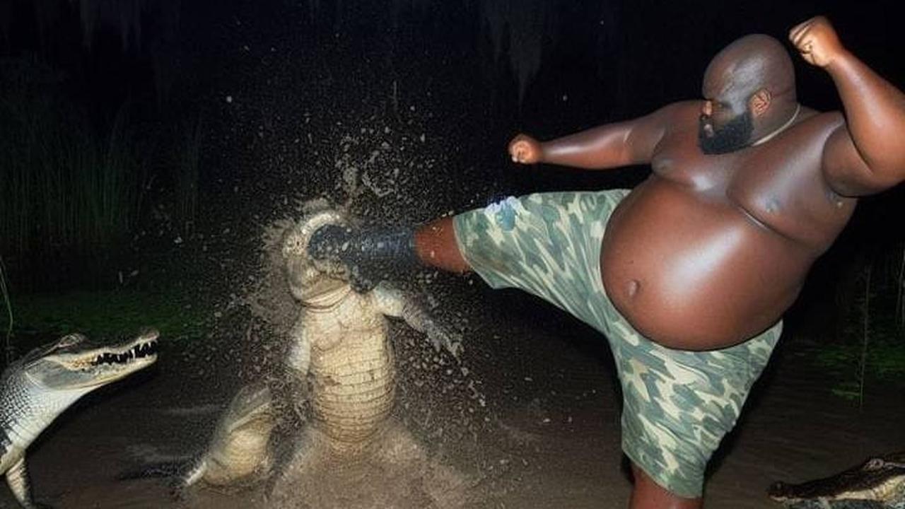 Di foto yang ketiga ini, kondisi makin chaos. Mungkin si pria gemuk itu tak terima dengan perilaku buaya yang semena-mena mengambil jatah makanannya.