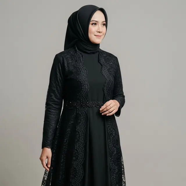 Gamis Outer Hitam Renda 2 in 1