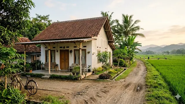 Contoh Rumah Sederhana di Desa Dekat Persawahan dan Jalan Desa