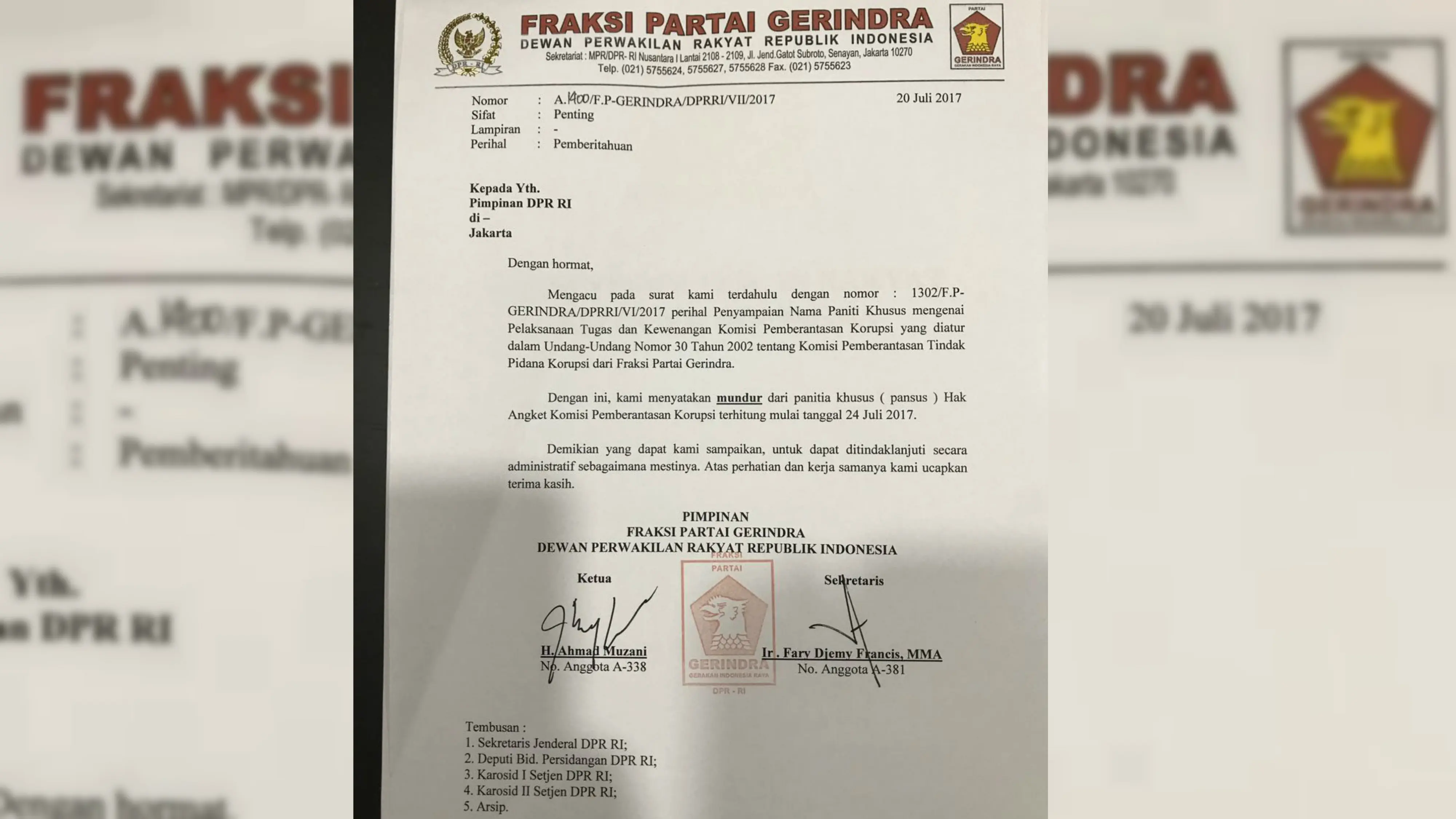 Surat pengunduran diri Partai Gerindra dari Pansus Hak Angket KPK. (Liputan6.com/Rezki Apriliya Iskandar)