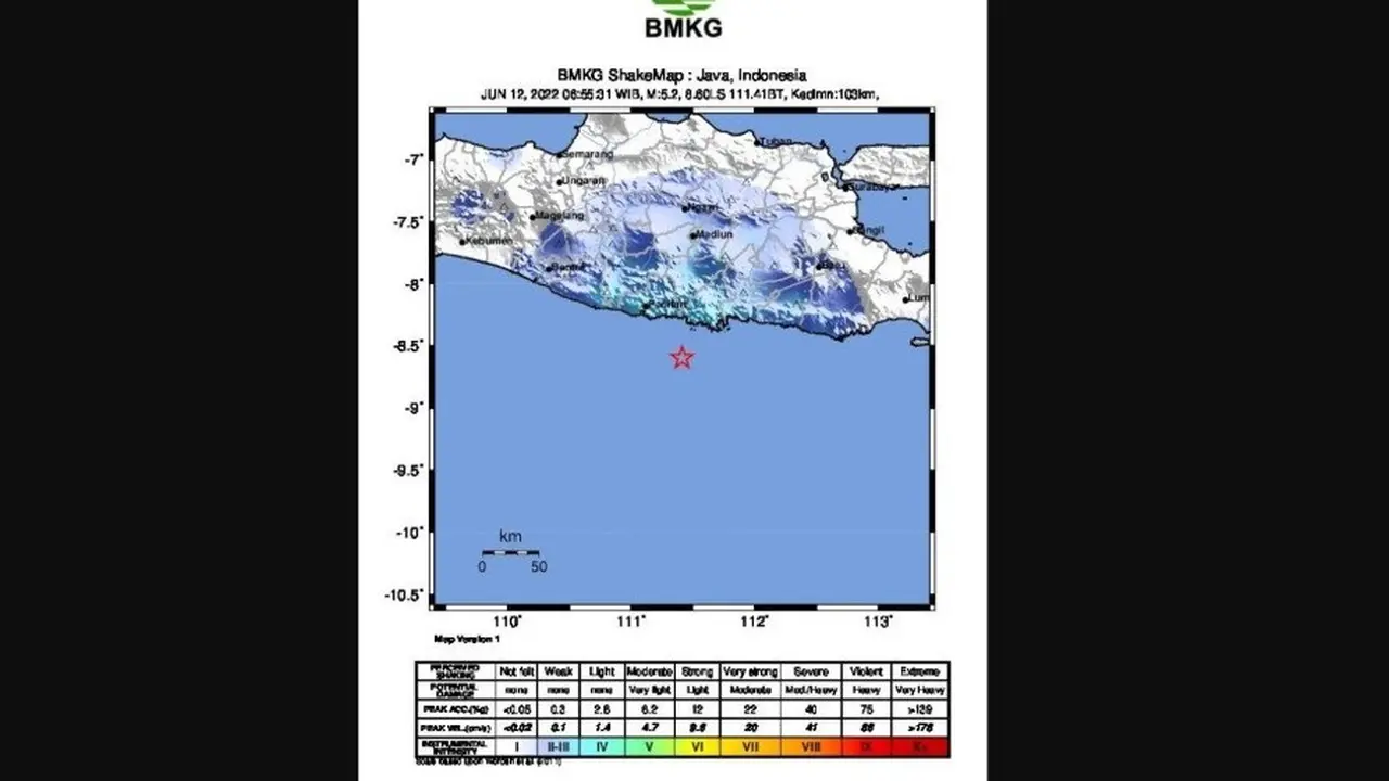 Hasil Analisis BMKG Terkait Gempa Terkini yang Getarkan Pacitan, Jawa Timur pada Minggu pagi (12/6/2022).
