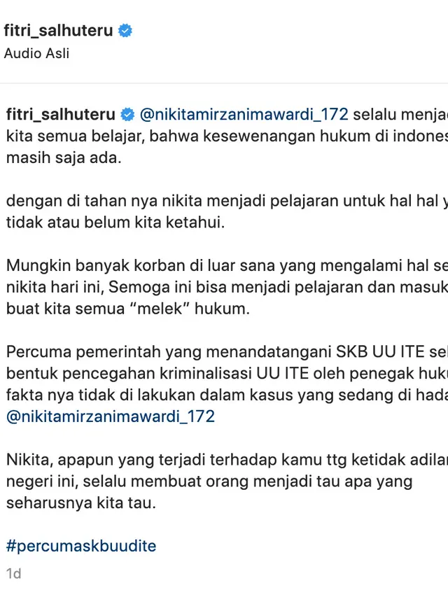 Unggahan Fitri Salhuterus soal Nikita Mirzani. (Foto: Dok. Instagram @fitri_salhuteru)
