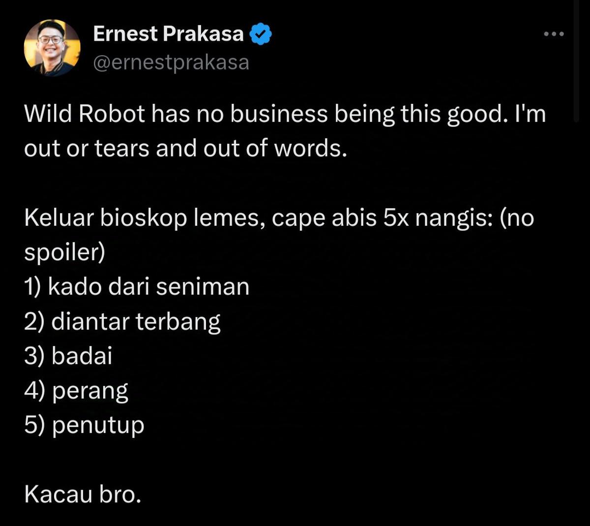 Ernest Prakasa Nangis 5 Kali Nonton 'THE WILD ROBOT' - Film Animasi yang Bikin Haru!