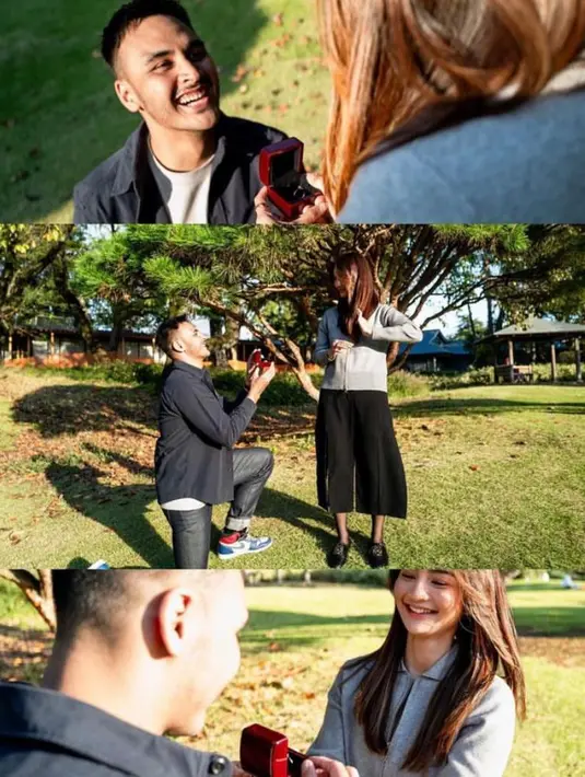 Sementara sang kekasih yang mengenakan kemeja dan celana panjang hitam tampak bertekuk lutut menyerahkan cincin pada Debi.  [@debisagita]