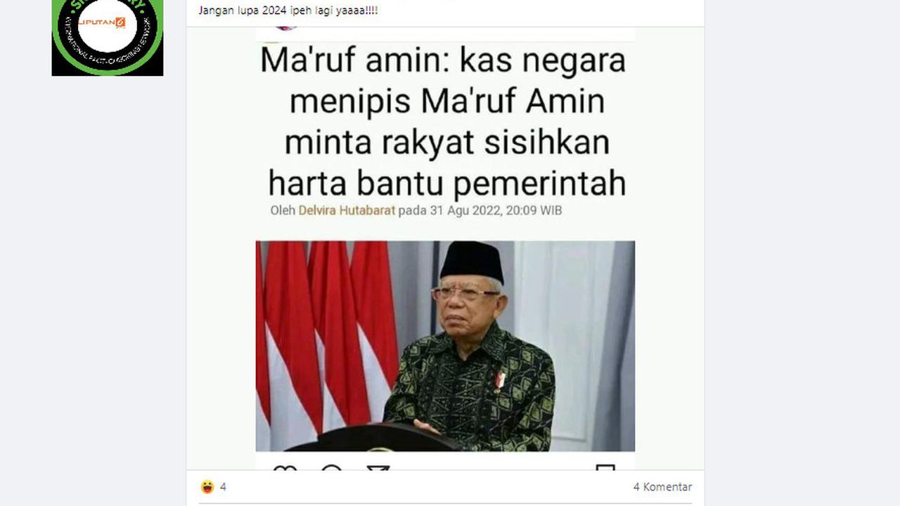 Tangkapan layar klaim judul "kas negara menipis Ma'ruf Amin minta rakyat sisihkan harta bantu pemerintah"