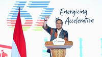 Direktur Utama Pertamina, Simon Aloysius Mantiri saat memberikan sambutan pada acara puncak perayaan Hari Ulang Tahun (HUT) ke-67 Pertamina di Grha Pertamina, Jakarta&nbsp;(10/12/2024). (Dok Pertamina)