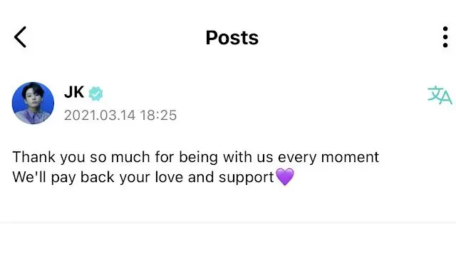 Komentar Jungkook di Weverse kepada ARMY.