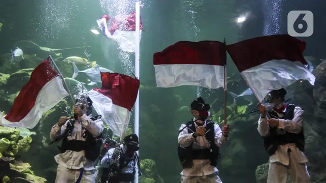 FOTO: Gladi Resik Pengibaran Bendera Dalam Akuarium Sea World Ancol