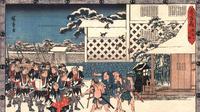 47 ronin usai beraksi. Mereka dicegat warga dan ditraktir karya Utagawa Hiroshige.
