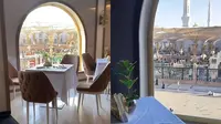 Kafe Golden Tulip di Madinah dengan pemandangan Masjid Nabawi. (Dok: TikTok&nbsp;@pt.jannahfirdaus)