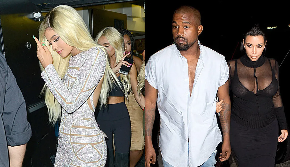 Untuk ulang tahun Kylie ke 18, Kylie menggunakan dress silver sementara Kim Kardashian pamer dada dalam balutan dress hitam. (Splash News)
