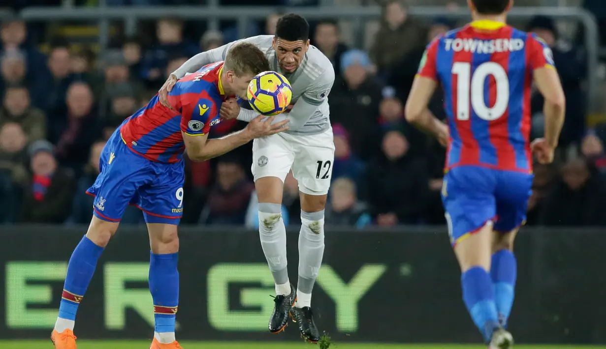 Pemain Crystal Palace Alexander Sorloth berebut bola dengan Bek Manchester United Chris Smalling saat pertandingan Liga Inggris di Selhurst Park, London (5/3). (AP Photo/Tim Ireland)