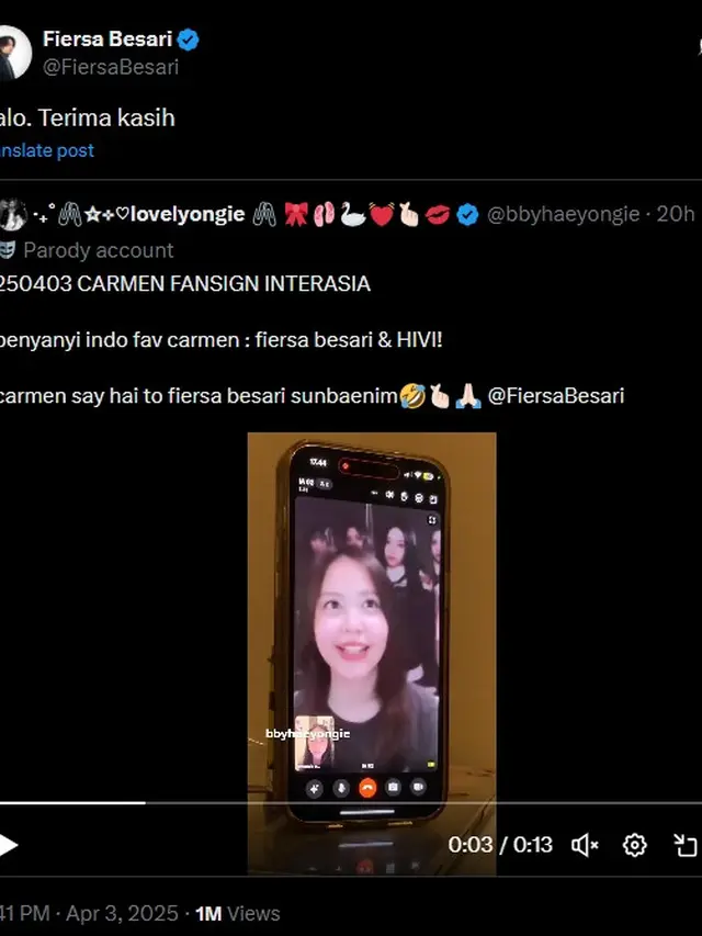 Carmen Hearts2Hearts Blak-Blakan Ngefans dengan Fiersa Besari (credit: x.com/FiersaBesari)