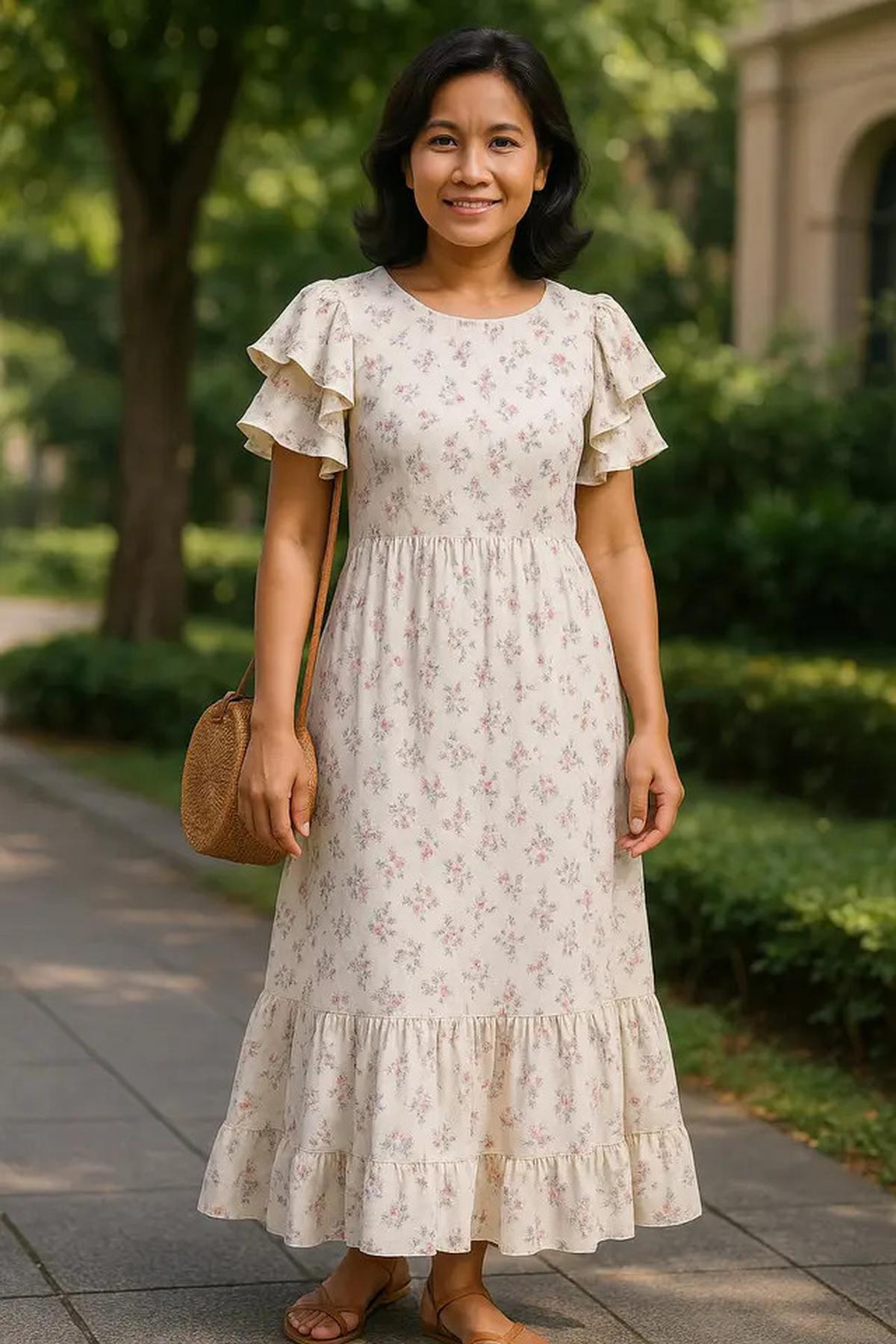 8 Inspirasi Long Dress Lengan Ruffle untuk Ibu-ibu, Bikin Tampilan Awet Muda dan Anggun