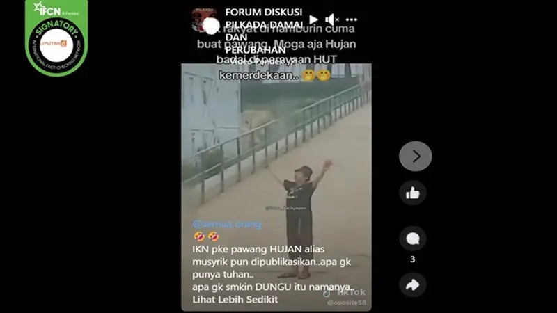 Gambar tangkapan layar video yang diklaim pemerintah mendatangkan seorang pawang hujan dari Banyuwangi jelang HUT ke-79 RI di Ibu Kota Negara (IKN) Nusantara. (sumber: Facebook)