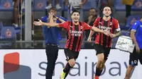 Pemain AC Milan Brahim Diaz merayakan golnya ke gawang Sampdoria yang dikawal Emil Audero dalam match day pertama Liga Italia Serie A di Stadion Luigi Ferraris, Genoa, Italia, Selasa (24/8/2021) dini hari WIB. (Tano Pecoraro/LaPresse Via AP)