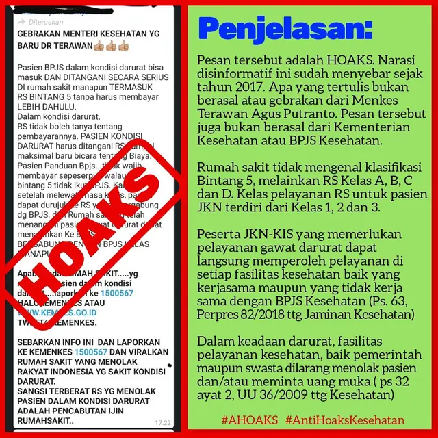 Penjelasan terkait pesan berantai RS bintang lima dilarang tolak pasien BPJS Kesehatan (Sumber: Kepala Humas BPJS Kesehatan)