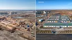 Foto gabungan menunjukkan perkembangan pembangunan sebuah rumah sakit darurat pada 5 April 2020 (kiri) dan pada 18 April 2020 di Nur-Sultan, Kazakhstan. Kazakhstan membangun rumah sakit darurat untuk merawat pasien COVID-19 hanya dalam waktu 13 hari di ibu kota negara tersebut. (Xinhua/BI Group)