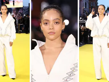 Foto kolase Quintessa Swindell saat menghadiri pemutaran perdana film 'Black Adam' di London pada Selasa, 18 Oktober 2022. (Photo by Vianney Le Caer/Invision/AP)