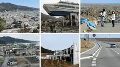 Foto kombinasi kondisi porak-poranda wilayah pesisir Jepang setelah dihantam tsunami pada 11 Maret 2011 (atas) dan kondisi lokasi yang sama 10 tahun kemudian (bawah). Tepat hari ini 10 tahun lalu, gelombang tsunami akibat gempa berkekuatan magnitudo 9,0 menyapu wilayah pesisir Jepang. (AFP Photo)