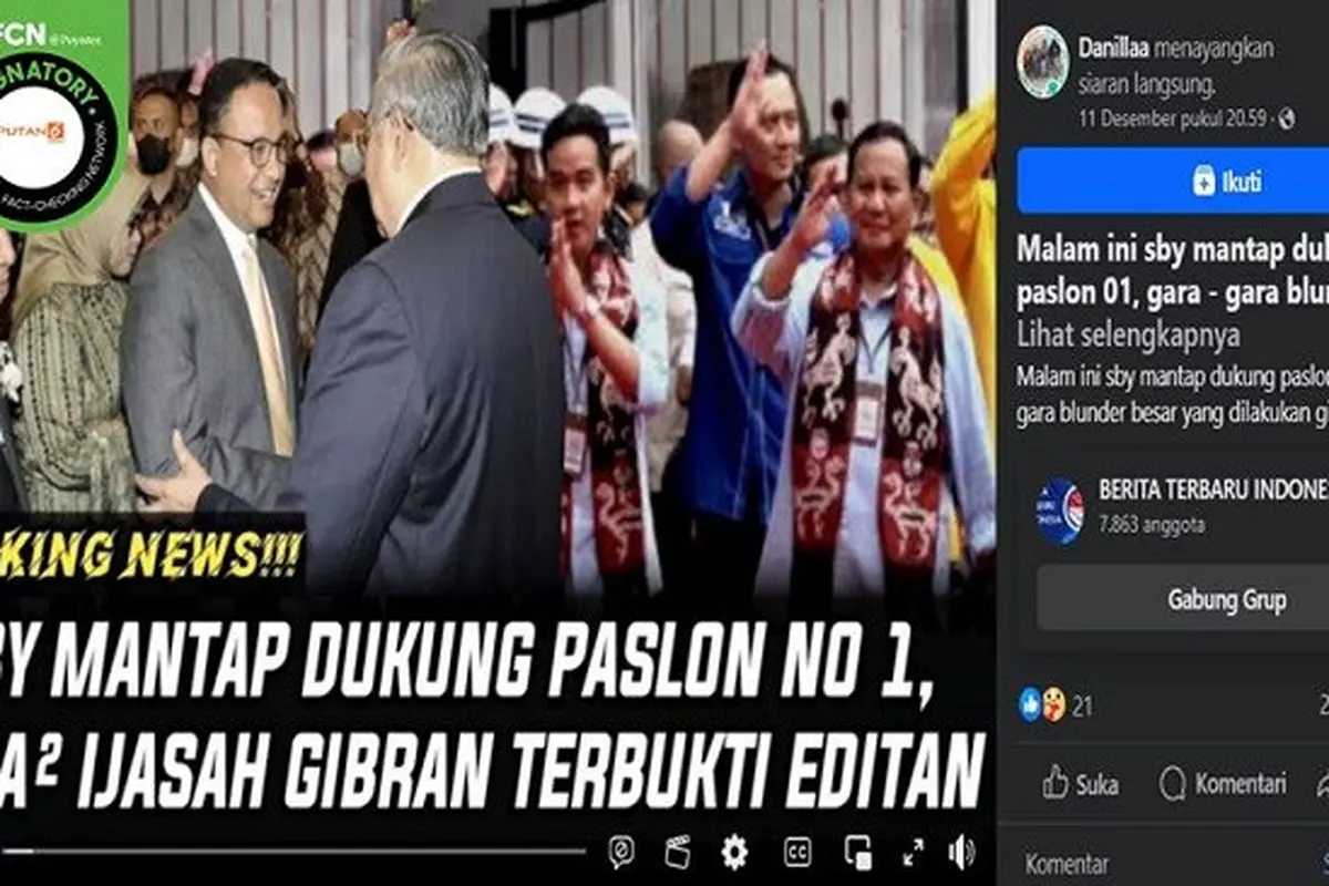 Beredar video yang diklaim Presiden ke-6 RI, SBY mantap mendukung paslon nomor urut 1 pada Pilpres 2024. Benarkah? (sumber: YouTube)