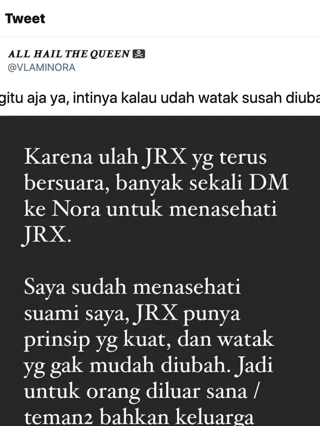 Unggahan Nora Alexandra. (Foto: Dok. Twitter @VLAMINORA)