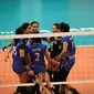 Timnas voli putri Indonesia rayakan kemenangan atas Vietnam pada pada semifinal SEA Games 2017 di Malaysia International Trade & Exhibition Centre, Sabtu (26/8/2017). Timnas unggul 3-2 (18-25, 25-21, 29-27, 15-25, 15-13). (Liputan6.com/Faizal Fanani)