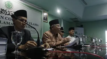 Majelis Ulama Indonesia (MUI) memberikan keterangan pers terkait kebijakan pemerintah tentang hukuman mati untuk terpidana kasus narkoba di Gedung MUI, Jakarta, Selasa (3/3/2015). (Liputan6.com/Faizal Fanani)