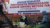 Direktur RSIA Al Fauzan dan Bendahara Umum BSMI dr. Prita Kusumaningsih, Sp.OG saat menjadi narasumber dalam Seminar Kesehatan Antisipasi Kanker Serviks dengan Metode IVA, Kamis (15/6/2023).