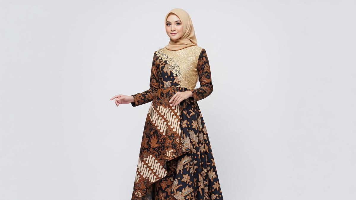 8 Model Gamis Batik Kombinasi Brokat Warna Gold Mewah, Tampil Menawan