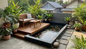Kolam Ikan Mini dengan Dek Kayu Sederhana/ Contoh Kolam Ikan Mini di Teras Rumah Kampung yang Modern (Sumber: gemini.com)