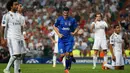 Penyerang Juventus, Alvaro Morata (tengah) merayakan selebrasi usai mencetak gol saat leg kedua semifinal Liga Champions di Stadion Santiago Bernabeu, Kamis (14/5/2015). Real Madrid bermain imbang 1-1 atas Juventus. (Reuters/Sergio Perez)