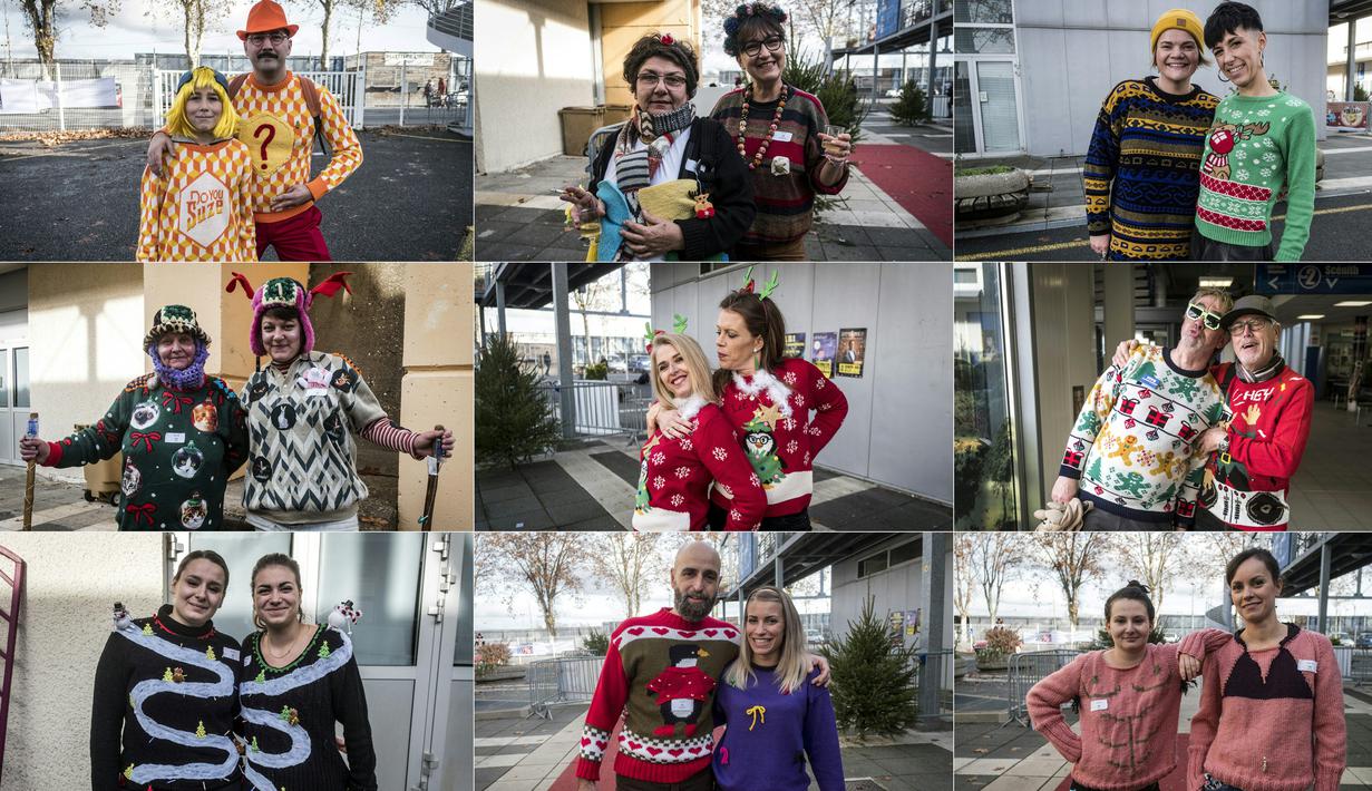 Foto kombinasi sejumlah peserta berpose saat berlangsungnya Kejuaraan Dunia Sweater Terjelek di kota Albi, Prancis pada 1 Desember 2018. Kompetisi yang kedua kalinya ini melombakan desain baju hangat yang paling jelek dan paling norak (ERIC CABANIS / AFP)