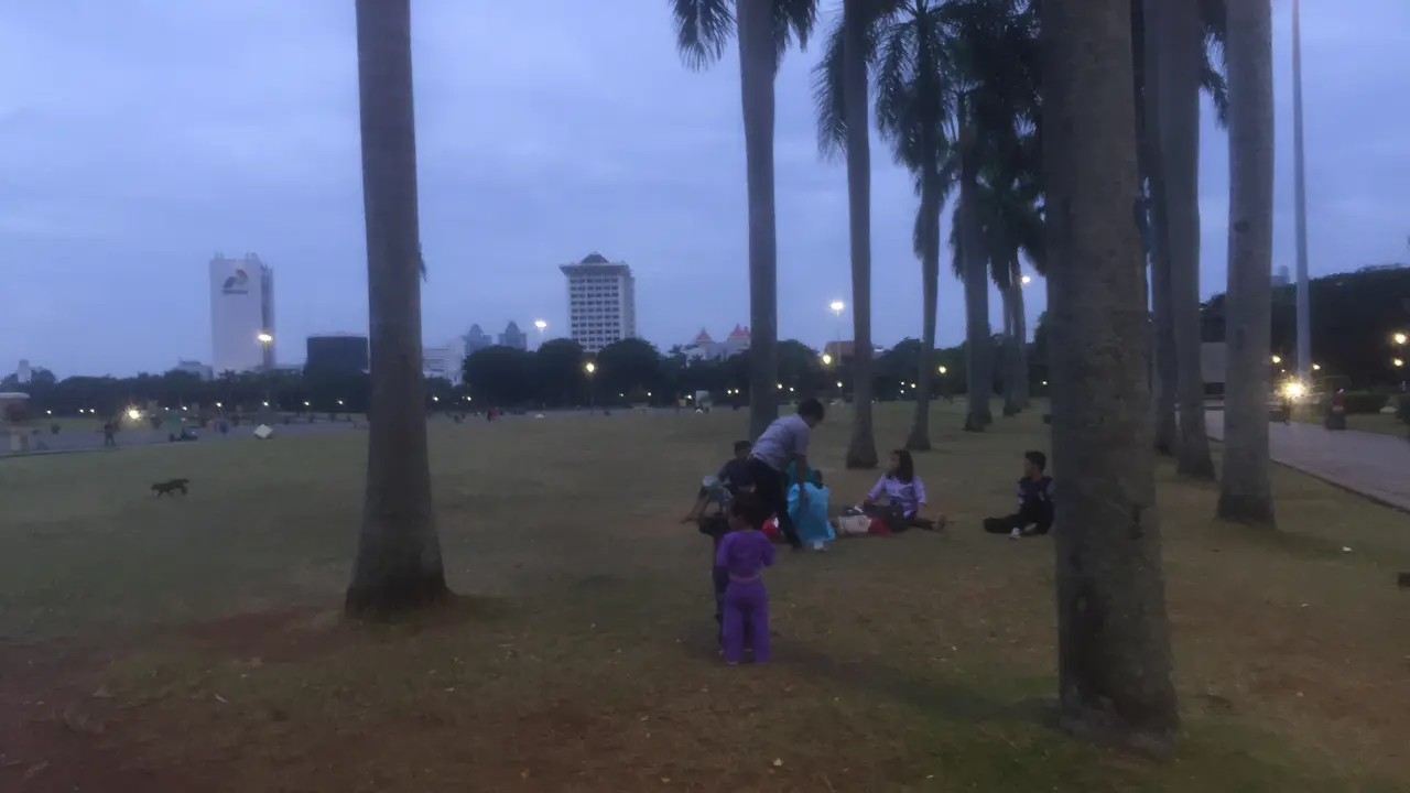 Pengunjung Monas kini dapat berjalan, duduk, hingga tiduran di halaman berumput di areal monumen berujung emas itu. (Liputan6.com/Delvira Hutabarat)