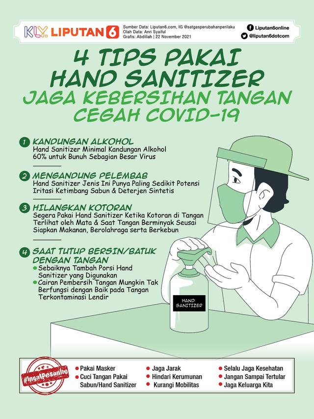 Infografis 4 Tips Pakai Hand Sanitizer untuk Jaga Kebersihan Tangan Cegah Covid-19. (Liputan6.com/Abdillah)